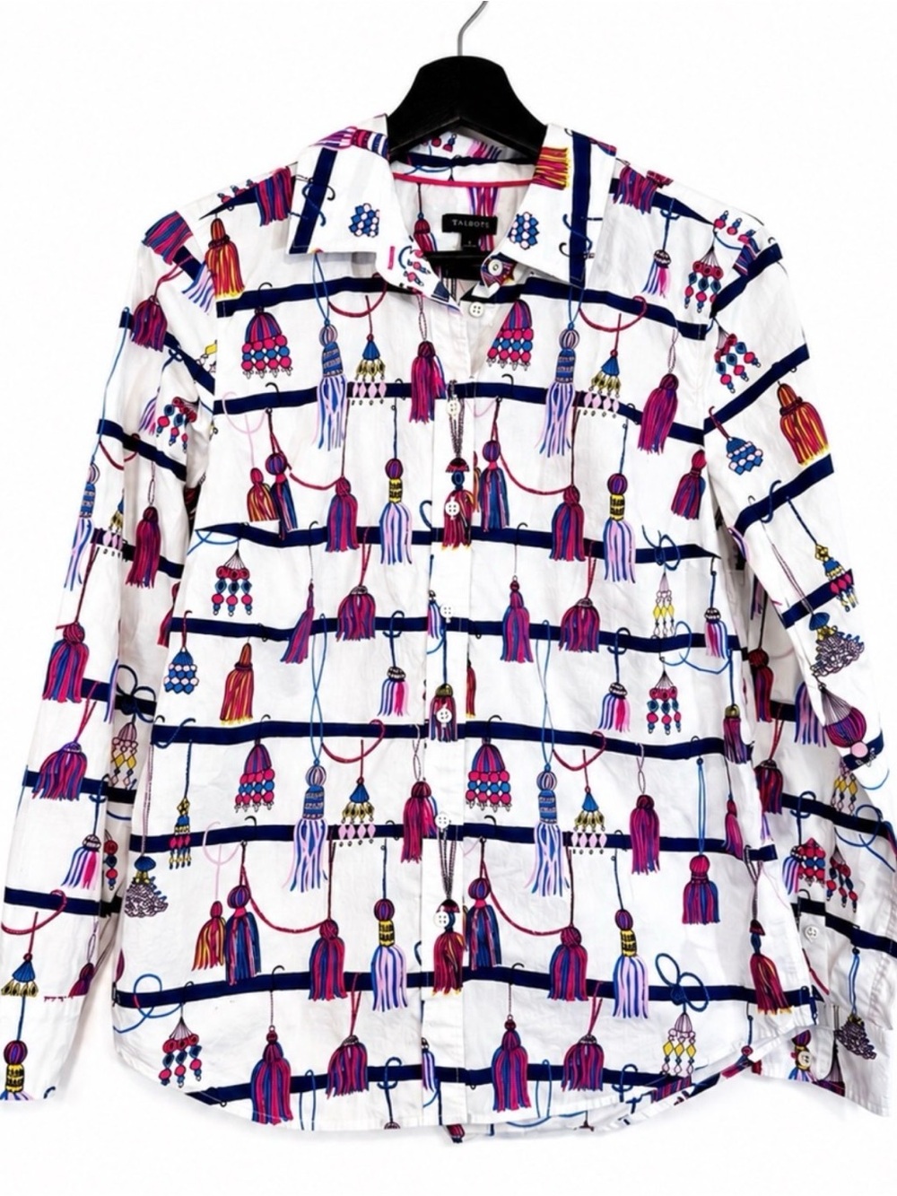 Talbots White Tassel-Print Button-Down Shirt Sz S